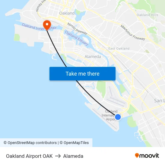 Oakland Airport OAK to Alameda map