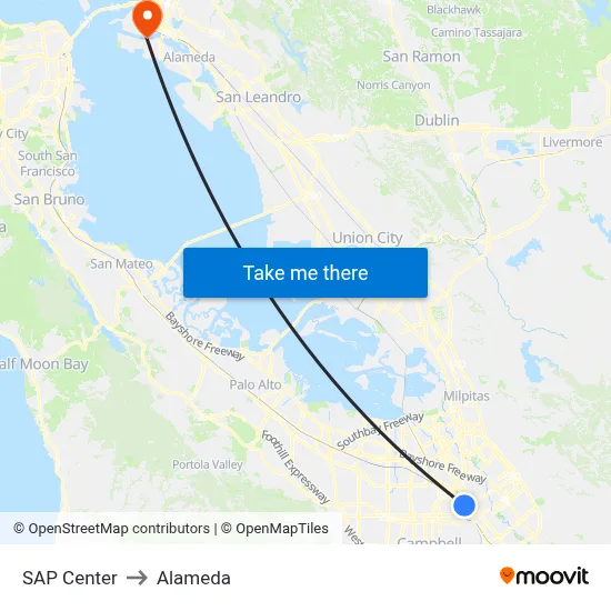 SAP Center to Alameda map