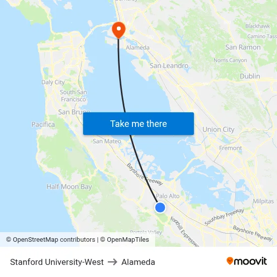 Stanford University-West to Alameda map