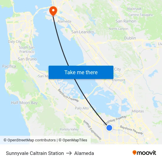 Sunnyvale Caltrain Station to Alameda map