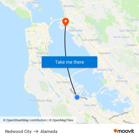 Redwood City to Alameda map