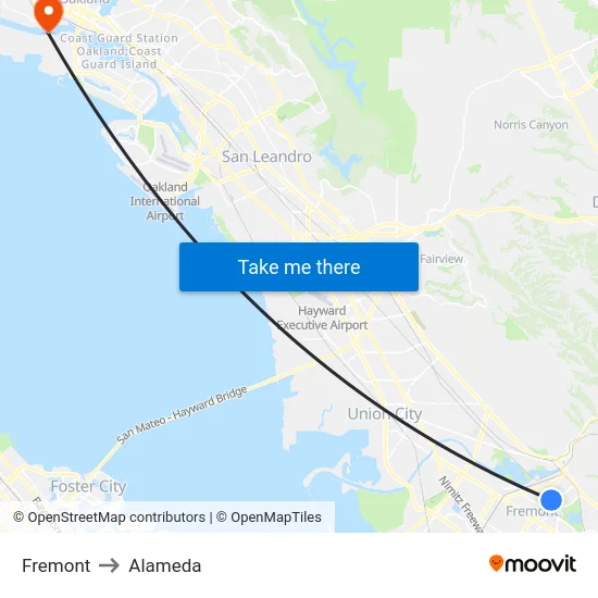 Fremont to Alameda map