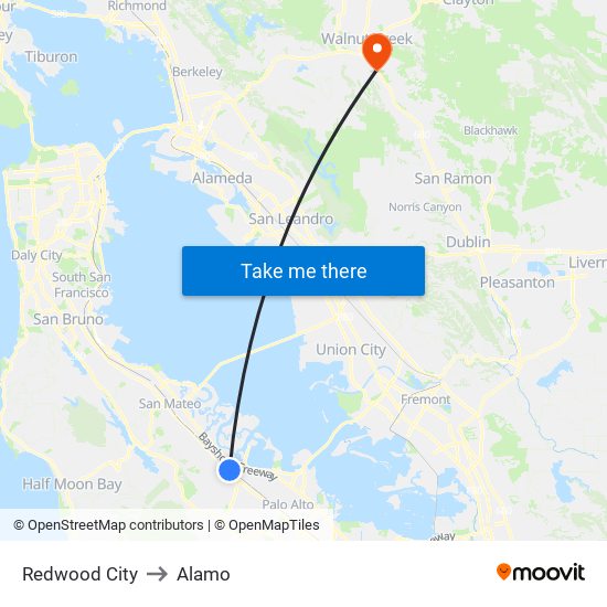 Redwood City to Alamo map