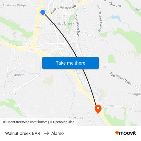 Walnut Creek BART to Alamo map