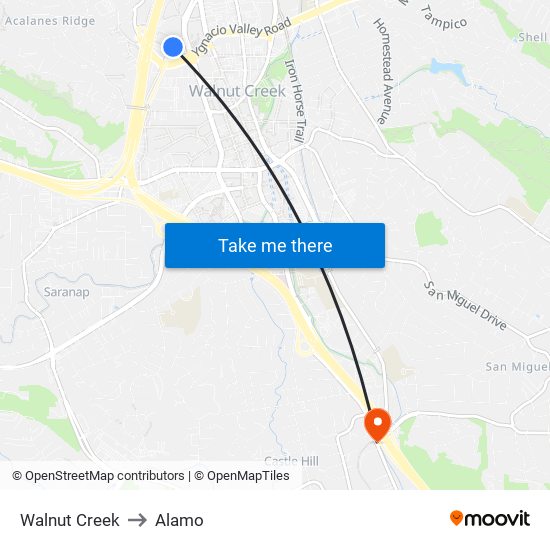 Walnut Creek to Alamo map