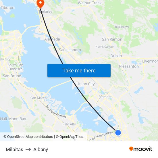 Milpitas to Albany map