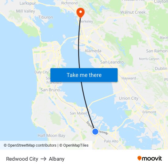 Redwood City to Albany map