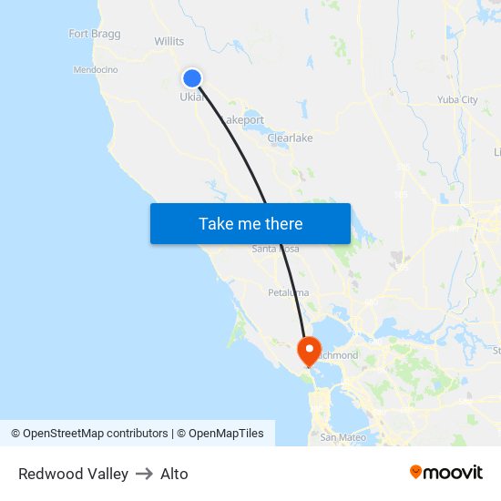 Redwood Valley to Alto map