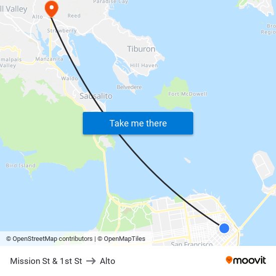 Mission St & 1st St to Alto map