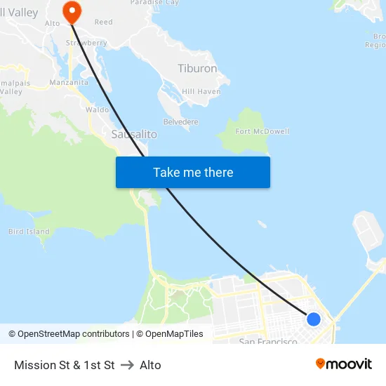 Mission St & 1st St to Alto map
