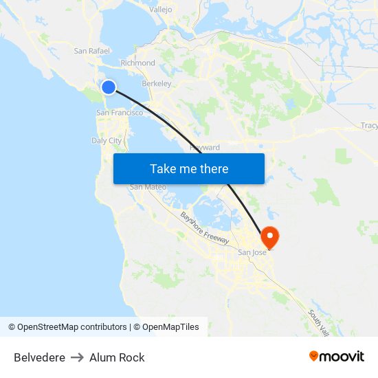 Belvedere to Alum Rock map