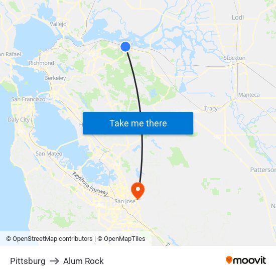 Pittsburg to Alum Rock map