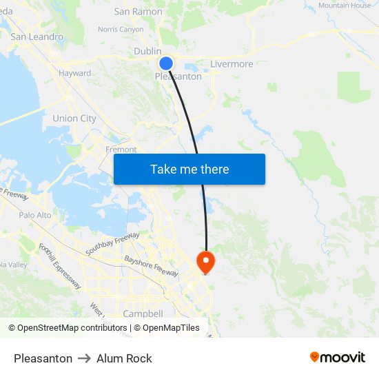 Pleasanton to Alum Rock map