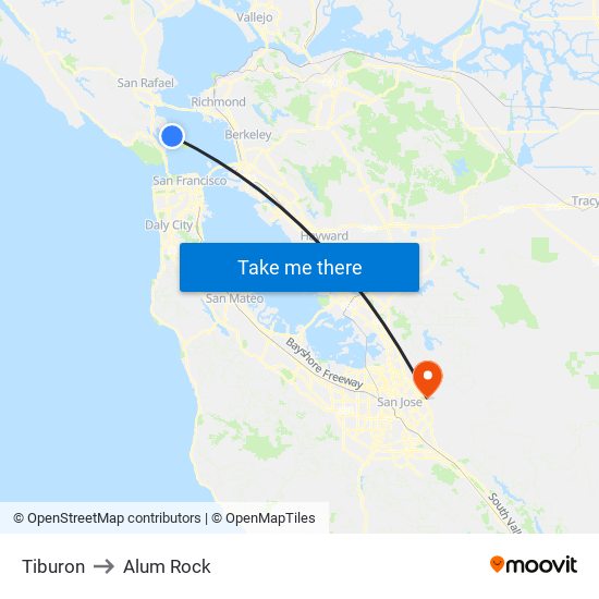 Tiburon to Alum Rock map