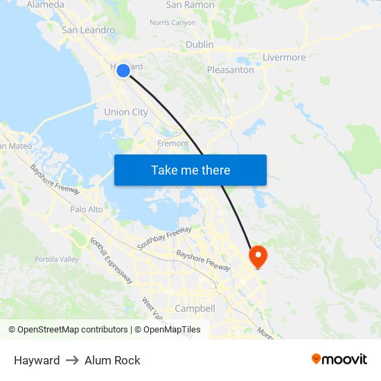 Hayward to Alum Rock map