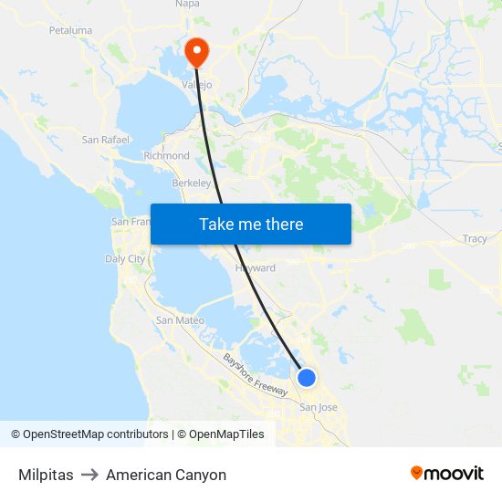 Milpitas to American Canyon map