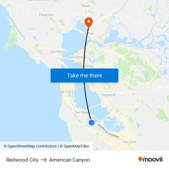 Redwood City to American Canyon map