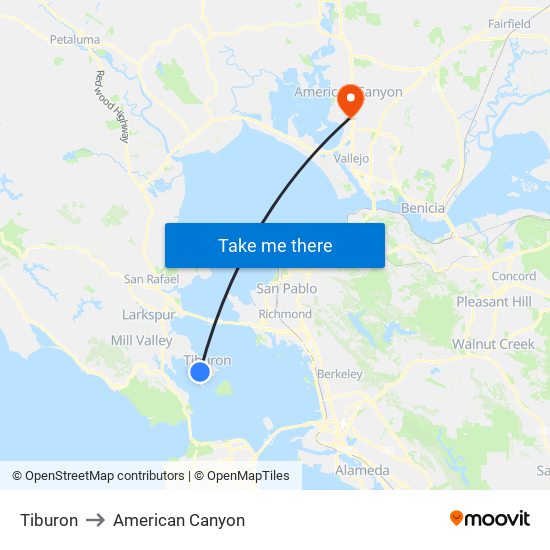 Tiburon to American Canyon map