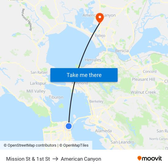 Mission St & 1st St to American Canyon map