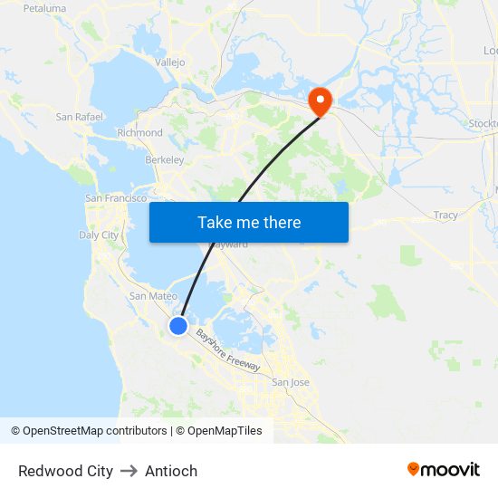 Redwood City to Antioch map