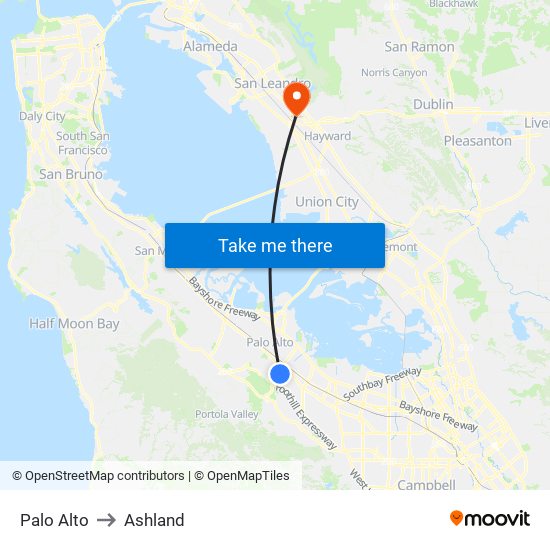 Palo Alto to Ashland map