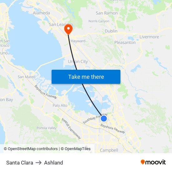 Santa Clara to Ashland map