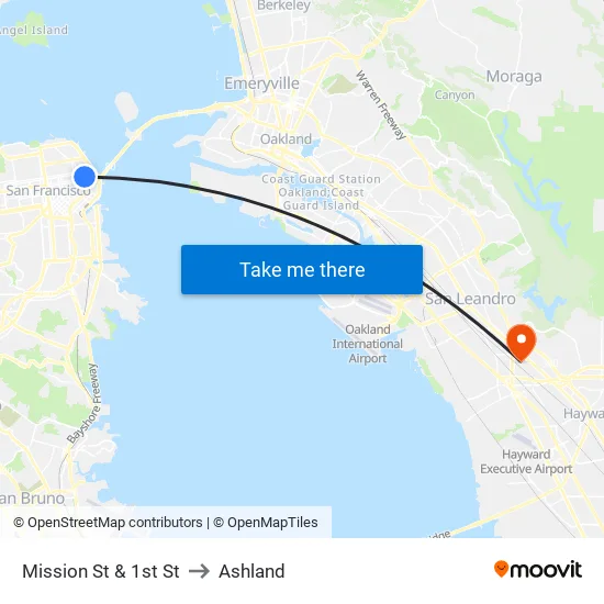 Mission St & 1st St to Ashland map