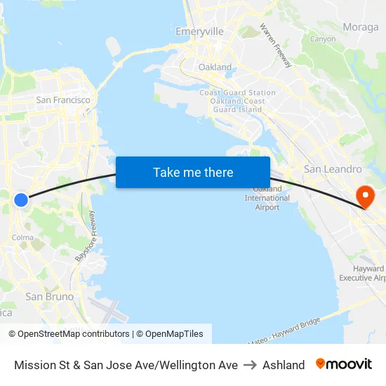 Mission St & San Jose Ave/Wellington Ave to Ashland map