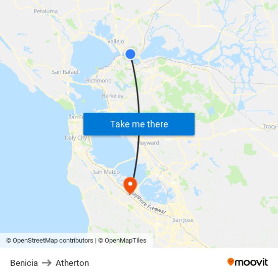 Benicia to Atherton map