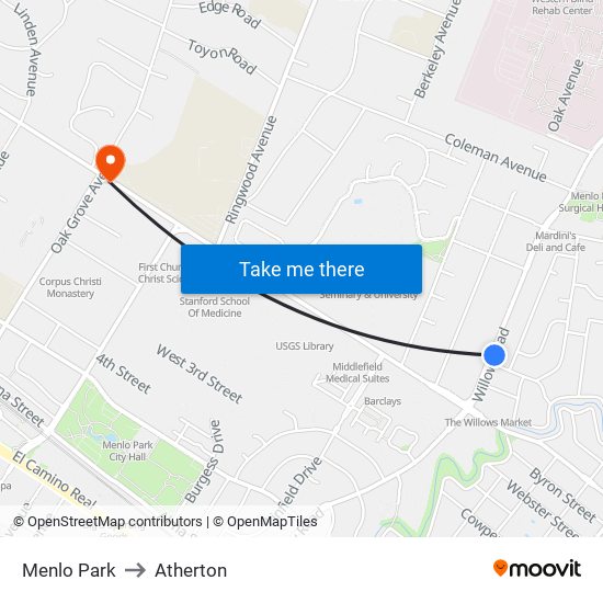 Menlo Park to Atherton map