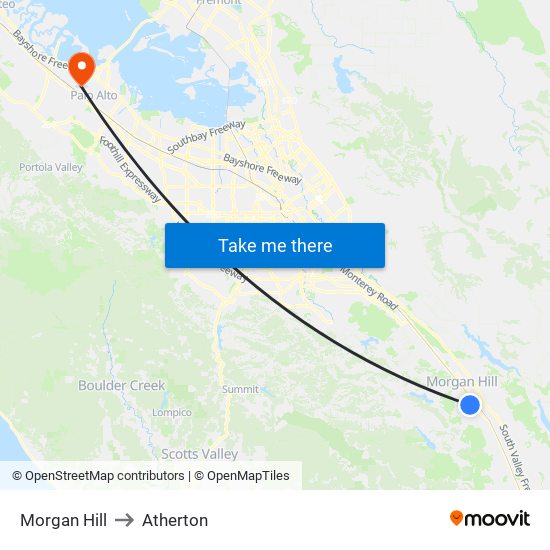 Morgan Hill to Atherton map