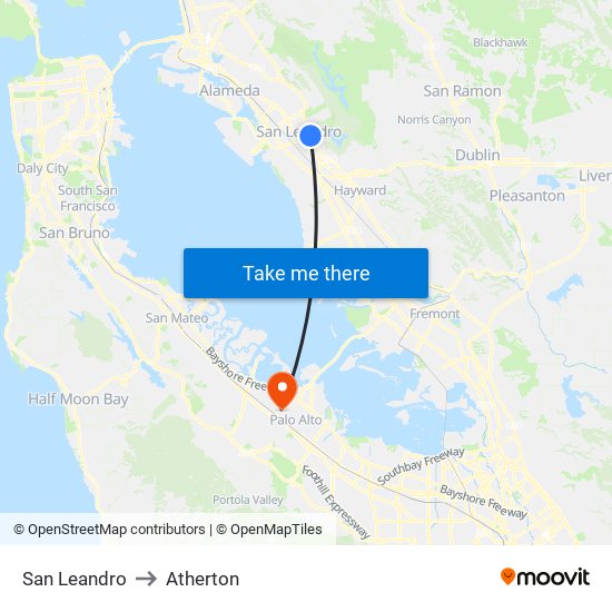 San Leandro to Atherton map