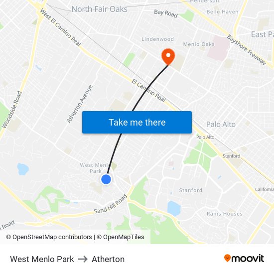 West Menlo Park to Atherton map