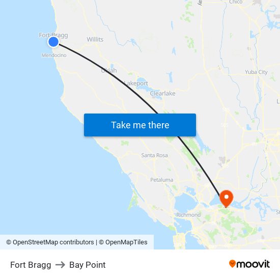 Fort Bragg to Bay Point map