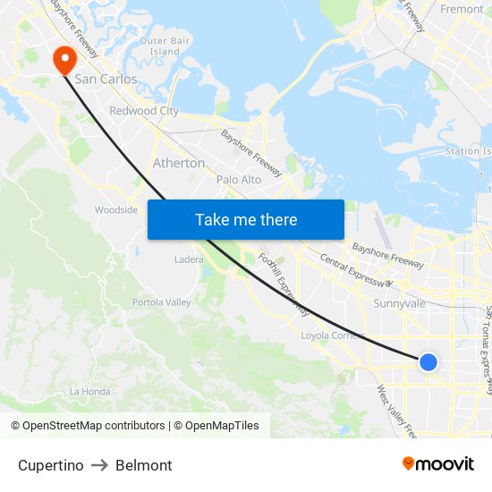 Cupertino to Belmont map