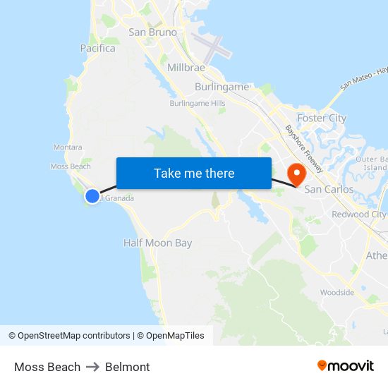 Moss Beach to Belmont map