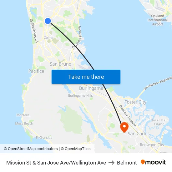 Mission St & San Jose Ave/Wellington Ave to Belmont map