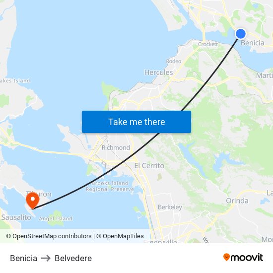 Benicia to Belvedere map