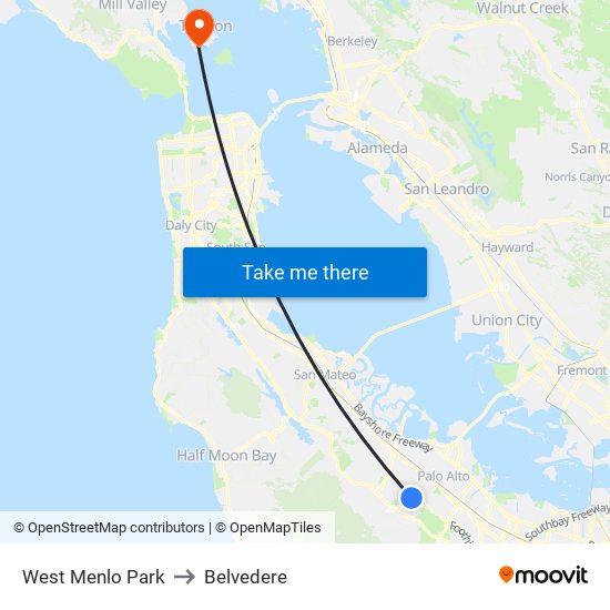 West Menlo Park to Belvedere map