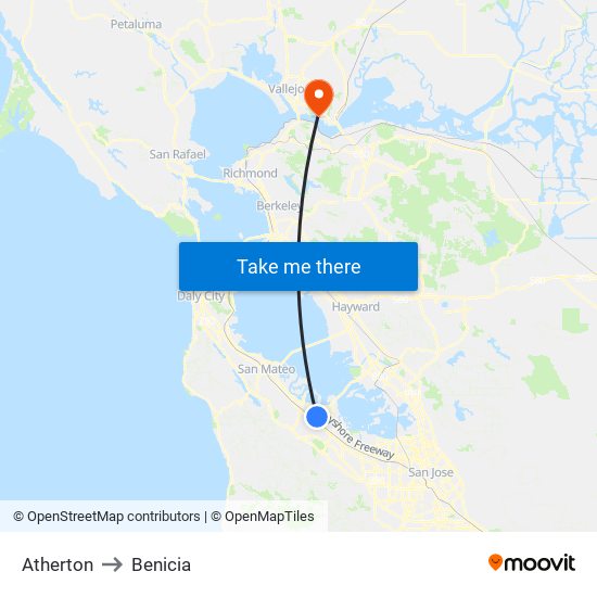 Atherton to Benicia map