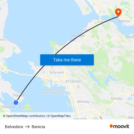Belvedere to Benicia map
