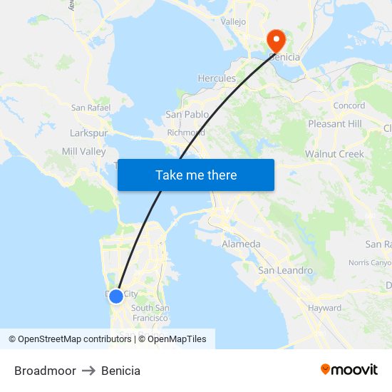 Broadmoor to Benicia map