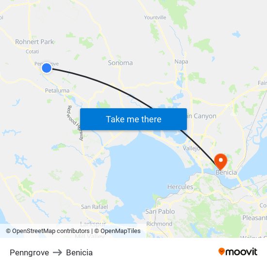 Penngrove to Benicia map