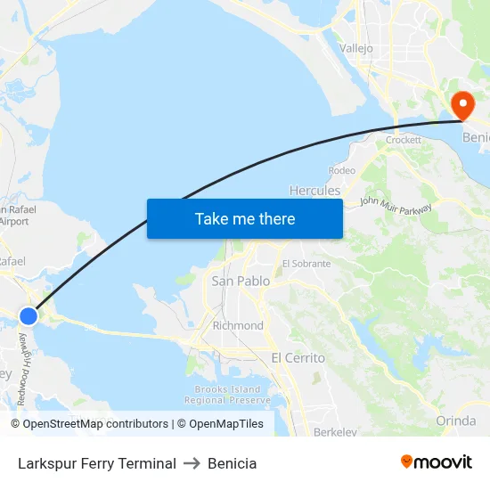 Larkspur Ferry Terminal to Benicia map