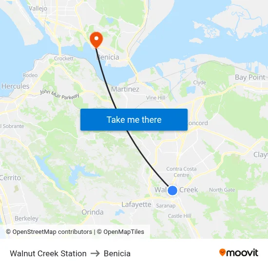 Walnut Creek Station to Benicia map