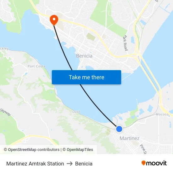 Martinez Amtrak Station to Benicia map