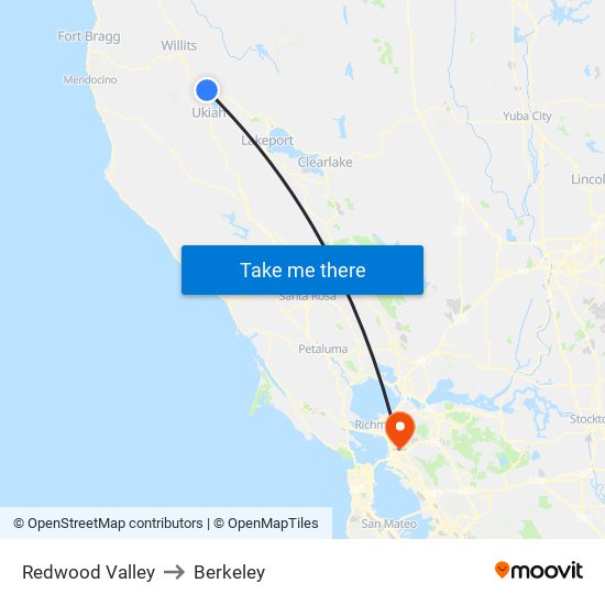 Redwood Valley to Berkeley map