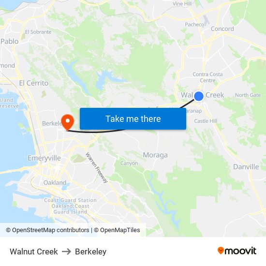 Walnut Creek to Berkeley map