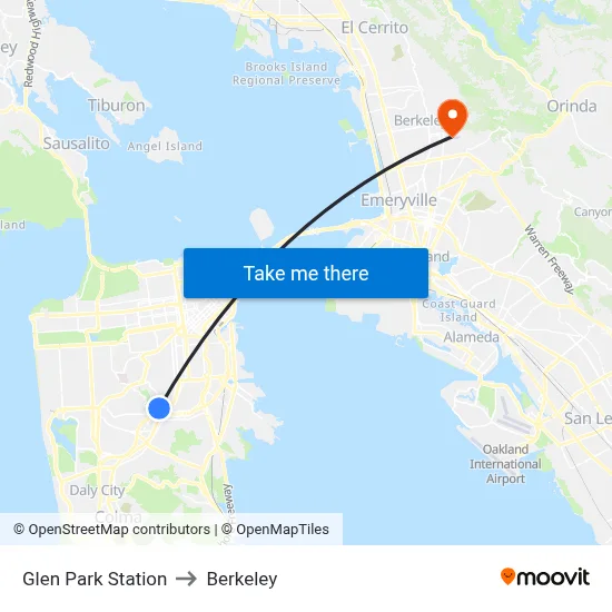 Glen Park Station to Berkeley map