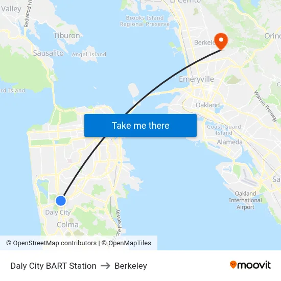 Daly City BART Station to Berkeley map